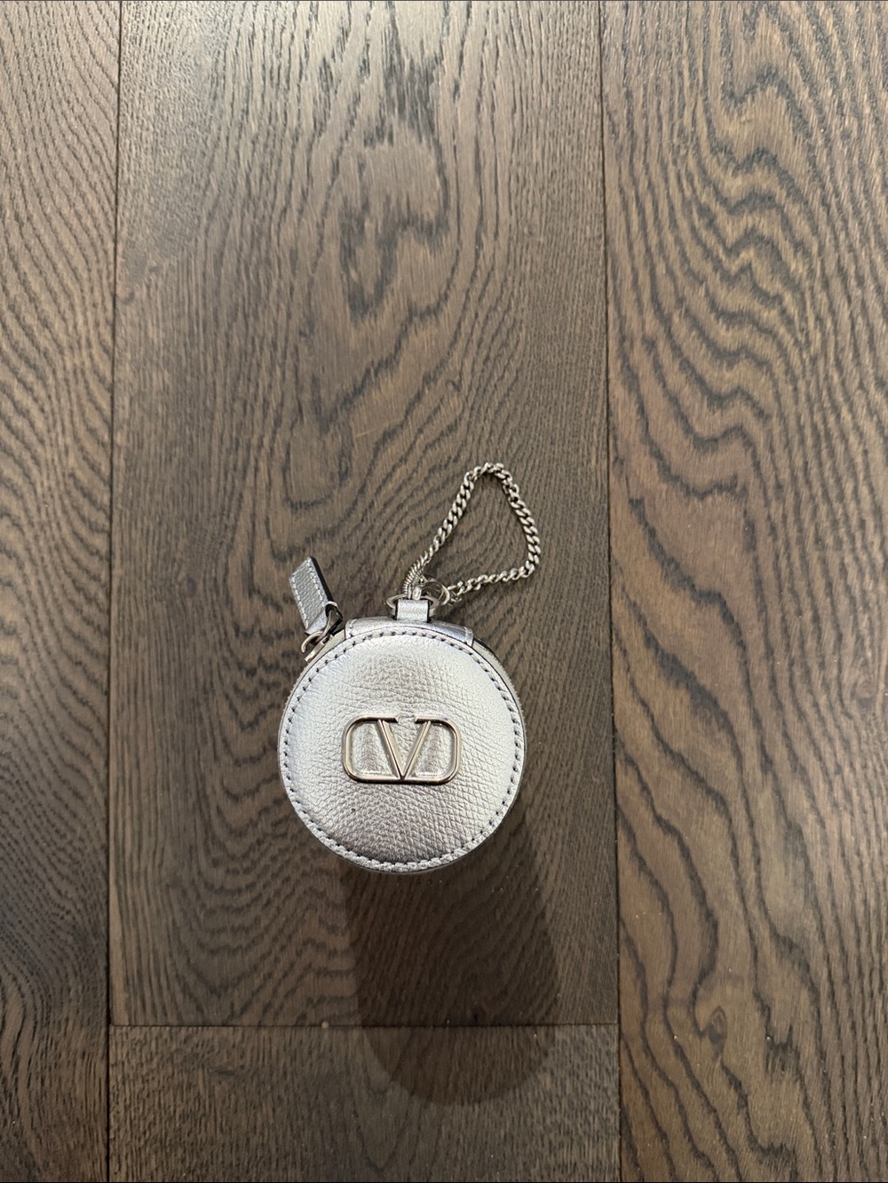 Valentino Garavani Silver Metallic Round Coin Holder with Chain